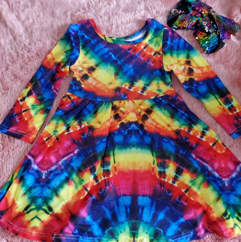 3T Rainbow Tie Dye Dress with Hair Bow
